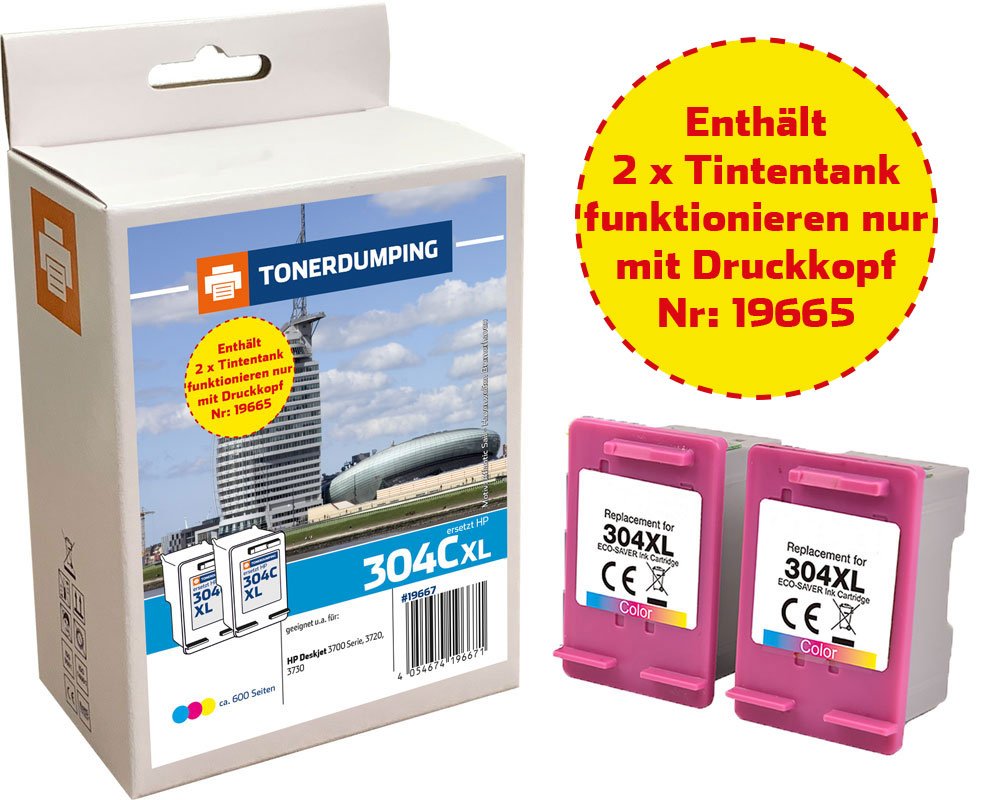 Ersatztanks - OHNE ADAPTER - für ECOSAVER (18842 oder 19665) kompatibel zu HP 304XL/ N9K07AE Spar-Set: 2x XL-Tintentanks Color [modell] - Marke: TONERDUMPING